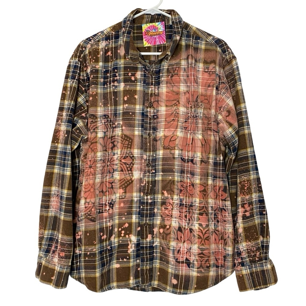Handmade Floral Flannel Shirt Mens Size XL Unisex Bleached Plaid Button Down